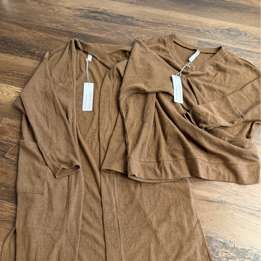 Brown Ribbed Knit Cardigan and Sweater Set